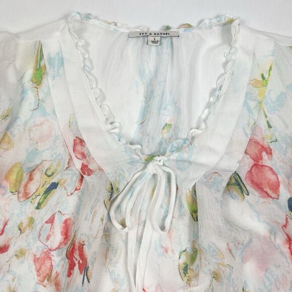 Zac & Rachel Floral Watercolor Ruffle Neck 3/4 Sleeve Flowy Top Women’s Large - Picture 3 of 11